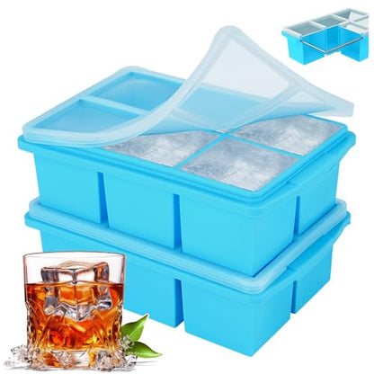 Large Ice Cube Trays for Whiskey, Silicone Ice Cube Tray, with Reinforced Steel Ring Top, Makes 12 perfect 2-in ice cubes, Square Ice Tray for Cocktails, Whiskey, Coffee. (2 Pack) - color: Sea blue