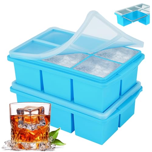 Large Ice Cube Trays for Whiskey, Silicone Ice Cube Tray, with Reinforced Steel Ring Top, Makes 12 perfect 2-in ice cubes, Square Ice Tray for Cocktails, Whiskey, Coffee. (2 Pack) - color: Sea blue