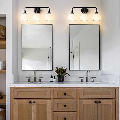 Black Bathroom Light Fixtures 3-Lights Vanity Lights with Milky White Frosted Glass Shade Bathroom Vanity Light 22.4 inch Wall Sconce Lighting Bath(Exclude E26 Bulb) - color: Black, size: 3 Light