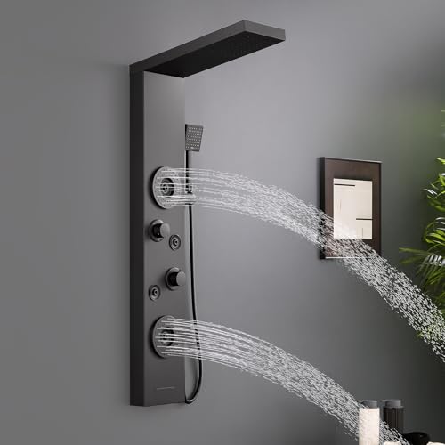 5 in 1 Rainfall Shower Panel Tower with Tub Spout, Matte Black | Stainless Steel Shower Column with 2-Setting Body Massage Jets, Flexible Handheld and Waterfall Tub Spout - color: Matte Black