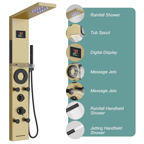 Hoimpro Brushed Gold LED Shower Panel Tower System,2 In 1Function Shower Panel Light Rainfall Waterfall Shower Rain Massage System with Body Jets Handheld Shower Sprayer, Stainless Steel, Wall Mount - color: Gold