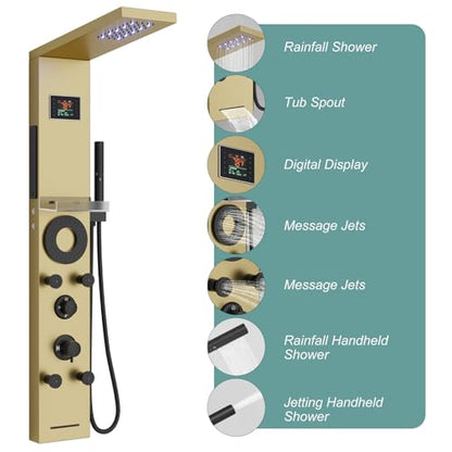 Hoimpro Brushed Gold LED Shower Panel Tower System,2 In 1Function Shower Panel Light Rainfall Waterfall Shower Rain Massage System with Body Jets Handheld Shower Sprayer, Stainless Steel, Wall Mount - color: Gold