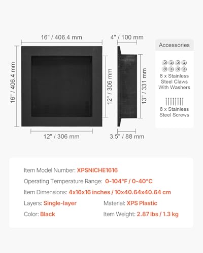 VEVOR Shower Niche,16-Inch Width x 16-Inch Height x 3.5-Inch Depth Single Shelf Organizer,Wall-Inserted Niche Recessed Sealed Protection Modern Soap Storage for Shower Bathroom,Black - size: 16x16''