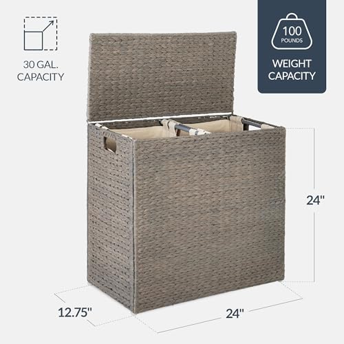 Best Choice Products Large Double Laundry Hamper with Lid, Natural Handwoven Water Hyacinth, 2 Sections w/ 2 Machine Washable Linen Liner Bags, Portable, Handles - Gray - color: Gray