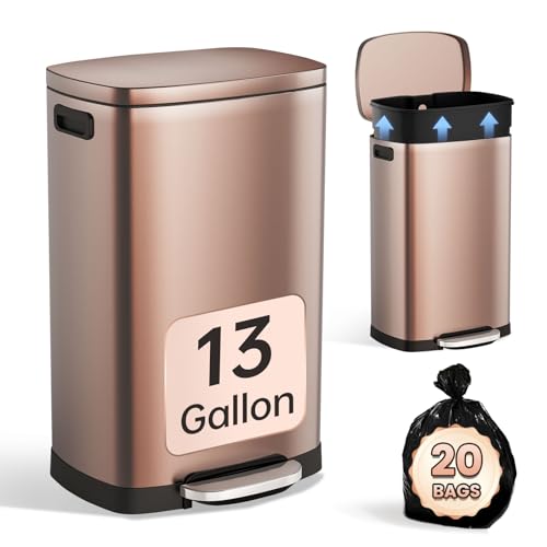 ELPHECO Kitchen Trash Can with Lid 13 Gal Stainless Steel Pedal Garbage Can | Soft Close Lid, Pedal, Heavy-Duty Fingerprint Proof Step Wastebasket with 20 Bags, Removable Bucket, Home Office, Champagne - color: Champagne