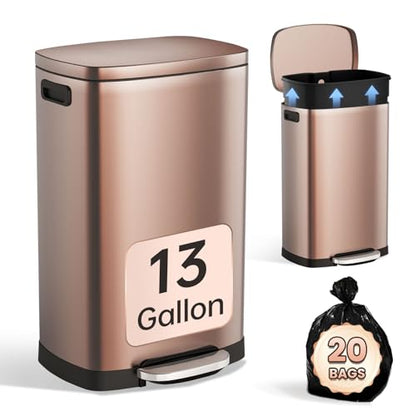 ELPHECO Kitchen Trash Can with Lid 13 Gal Stainless Steel Pedal Garbage Can | Soft Close Lid, Pedal, Heavy-Duty Fingerprint Proof Step Wastebasket with 20 Bags, Removable Bucket, Home Office, Champagne - color: Champagne