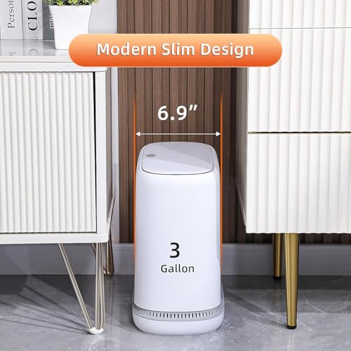 funest 3.3 Gallon Bathroom Trash Can with Push Lid, Dog Proof, White | Double-Layer Design, Air-Suction Bag System, Narrow Plastic Garbage Can with Extra Buckle Replacement