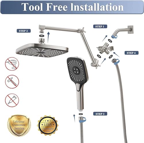 Rain Shower Head with Handheld Spray Combo, 12 Inch Rainfall Shower Heads with Adjustable Extention Arm, High Pressure Showerhead with 3-Way Diverter - Height/Angle Adjustable(Brushed Nickel) - color: Brushed Nickel, size: 12 Inch