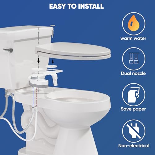 Hot and Cold Bidet, Warm Water Bidet Attachment for Toliet, Non-Electric Warm Bidet with Adjustable Water Pressure, Dual nozzle Rear and Feminine Wash - Self cleaning (White) - style: White