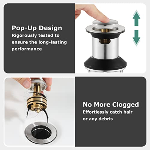 All Metal Bathroom Sink Drain with Overflow, Stainless Steel Pop Up Drain for Lavatory Vanity Vessel Sink, Brushed Nickel, 2108502 - color: Brushed Nickel, style: With Overflow
