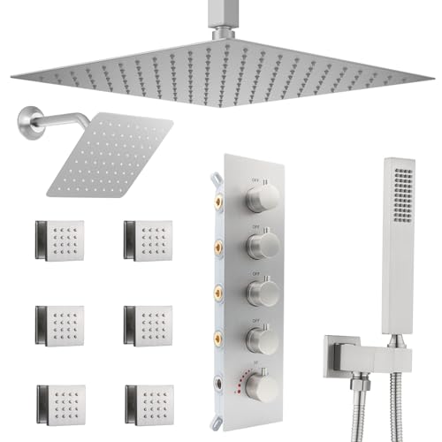 Thermostatic Shower System Dual Shower Heads with 16" Ceiling Mounted Rain Shower Head & 6" Wall Mounted Head 4 Function Shower System with body jets Can All Run Together, Brushed Nickel - color: Brushed Nickel, style: 16 inch +6 jets