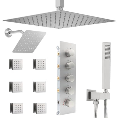Thermostatic Shower System Dual Shower Heads with 16" Ceiling Mounted Rain Shower Head & 6" Wall Mounted Head 4 Function Shower System with body jets Can All Run Together, Brushed Nickel - color: Brushed Nickel, style: 16 inch +6 jets