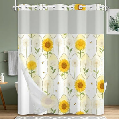 No Hook Shower Curtain with Snap in Liner, Floral Shower Curtain with Sheer Top Window and Weighted Hem, Sunflower and Dandelion Print Farmhouse Shower Curtains for Bathroom, 71" W x 74" L - color: Sunflower and Dandelion