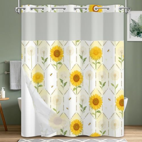 No Hook Shower Curtain with Snap in Liner, Floral Shower Curtain with Sheer Top Window and Weighted Hem, Sunflower and Dandelion Print Farmhouse Shower Curtains for Bathroom, 71" W x 74" L - color: Sunflower and Dandelion