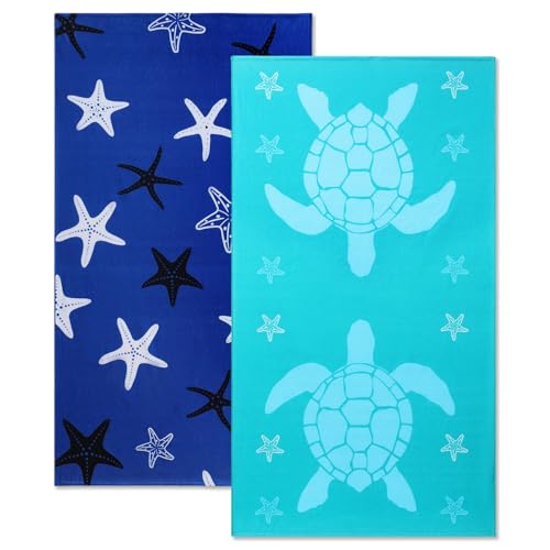 Oversized Beach Towels 4 Pack,40”x70” Microfiber Thin Large Beach Towel Set for Adults Travel Camping Swimming,Turtle Starfish Them Sand Free Quick Dry Lightweight XL Pool Towels -Blue & Green Pine - color: Blue, Green Pine
