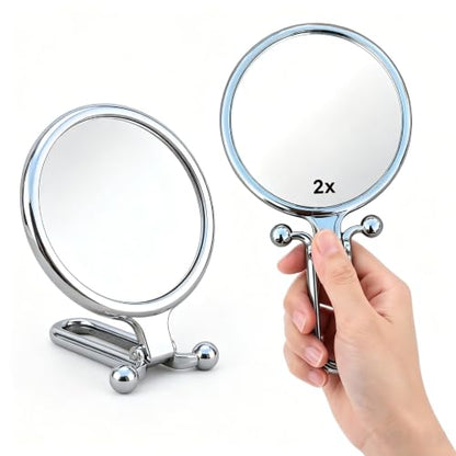 Magnifying Handheld Mirror Double Sided, Travel Makeup Hand Mirrors with 1X 2X Magnification, Small Hand/Desk Vanity Mirror (1Pc Silver) - color: 1pc Silver