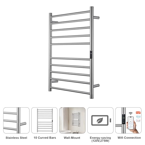 Electric Towel Rack with Voice Control for Alexa & Google Home,TUYA-Wall-Mounted Bathroom Heating Towel Warmer,Stainless Steel Material,31.5x20.08x4.41in,Plug-in,Brushed,10 Bars - color: Brushed With Wifi, size: 10 Bar