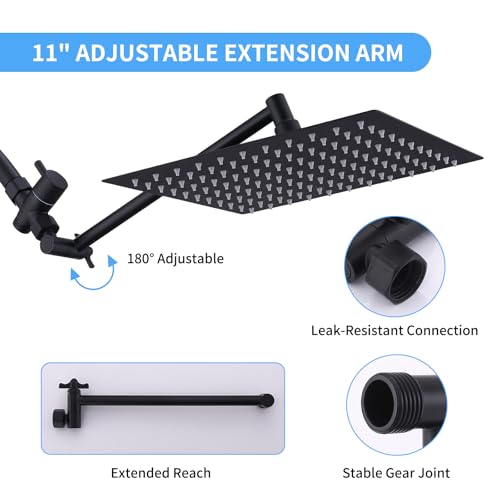Peicuai Shower Head Combo, 10-Inch High-Pressure Rainfall Shower Head with 11-Inch Adjustable Extension Arm, 5-Setting Matte Black Handheld Shower with Long Hose, Powerful Spray for Low Water Pressure - color: 10-Inch Matte Black