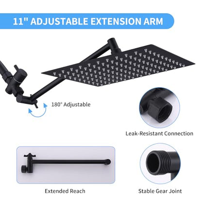 Peicuai Shower Head Combo, 10-Inch High-Pressure Rainfall Shower Head with 11-Inch Adjustable Extension Arm, 5-Setting Matte Black Handheld Shower with Long Hose, Powerful Spray for Low Water Pressure - color: 10-Inch Matte Black