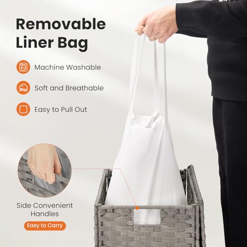 DUMOS Wicker Laundry Basket with Lid, 110L Woven Laundry Hamper with Handles, Foldable Rattan Clothes Hamper with Removable Liner & Sturdy Steel Frame, Dove Gray - color: Dove Gray, size: 110L
