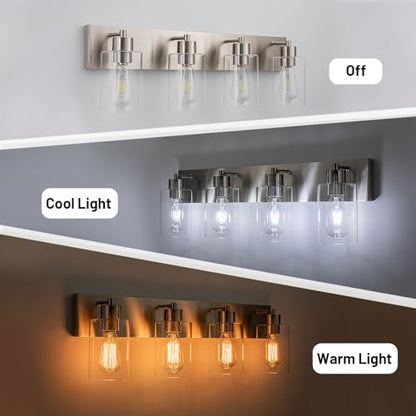 4-Light Brushed Nickel Bathroom Vanity Lights, Clear Glass | Brushed Nickel Metal Frame,Up/Down Wall Mount,cylinder Glass Shade,Kitchen Hallway Bedroom Indoor Use,Easy Install,E26 Base - size: 4-light