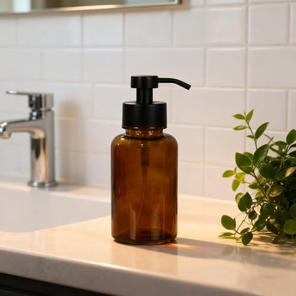 15 oz Amber Glass Foam soap Dispenser with Black Rust-Proof Foam Pump, refillable Thick Glass Foam soap Dispenser for Kitchen and Bathroom (1, 15 oz) - size: 15 oz