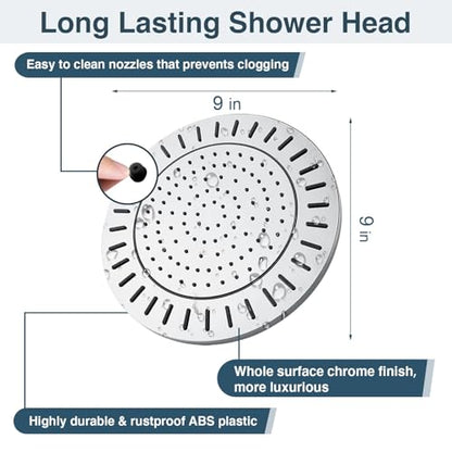 BRIGHT SHOWERS Rain Shower Head, 9 Inch High Pressure Waterfall Showerhead with Adjustable Angle and Anti-clogging Silicone Nozzles, Luxury Bathroom Overhead Shower, Chrome - color: Chrome