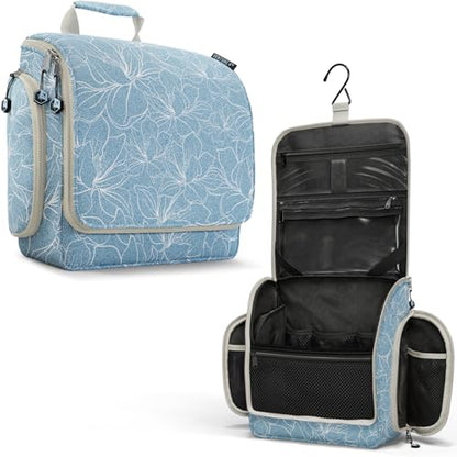 VENTURE 4TH Hanging Travel Toiletry Bag, 17 Compartments - Blue Flowers | Hangs on rails, hooks or doors; stands upright too. Removable TSA pouch. Water-resistant 900D Nylon, reinforced stitching. - color: Blue Flowers