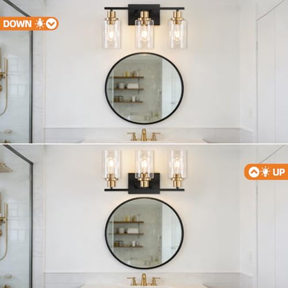 3 Light Bathroom Wall Light Fixture Vanity Wall Lights Over Mirror | Wall Sconce Lighting with Clear Glass Shades, Modern Wall Lights Wall Lamp for Mirror, Hallway Kitchen Bedroom Cabinet - color: Black Gold