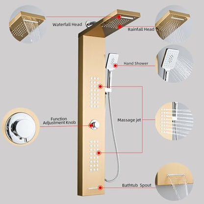 Shower Panel Tower System,Rain Shower Head Rainfall | Waterfall Shower,Handheld High Pressure Rain Massage System(Lengthened Gold) - color: Gold, style: Upgrade and lengthen