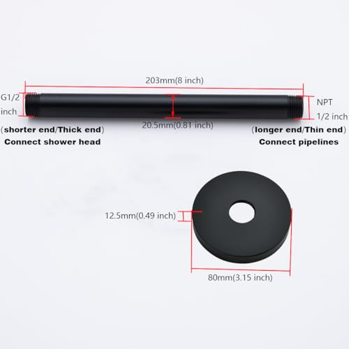 RANDOM Shower Arm with Flange,8 Inches Ceiling Mount Shower Head Extension Arm Straight Arm Ceiling-Mounted For Fixed Shower Head,Matte Black.RD91038-8MB - color: 8″ Matte Black(Round Flange)