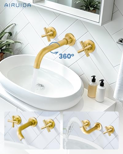 Airuida Solid Brass Antique Brass Wall Mount Bathroom Faucet | 360° Swivel Spout,Rough in Valve,2 Cross Handle,3 Hole,Widespread - color: Antique Brass