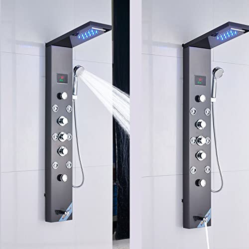 LED Light Shower Panel Tower Rainfall Waterfall Shower Head with Massager Jets Body System Jet