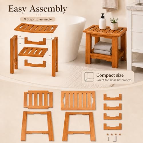 Simple Deluxe Teak Shower Bench, 14" Wood Shower Bench with Shelf, Waterproof Shower Stool for Inside Shower, Bath Chair for Bathroom, Tubs & Outdoor Use, 250LBS - size: 14"