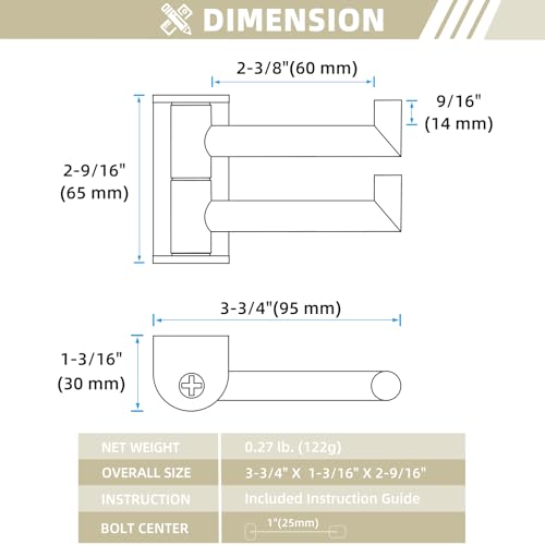 Suyar Double Towel Hook Brushed Nickel, Bathroom Swivel Coat Robe Holder | Space-Saving Wall Hook with 2 Rotatable Arms, Robe Hook for Bathroom Kitchen RV, SUS304 Stainless Steel, Wall Mounted - color: Brushed Nickel, size: 1 Pack