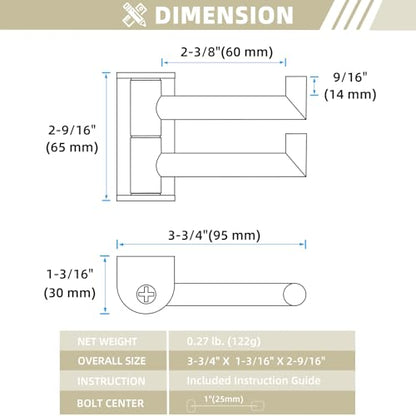 Suyar Brushed Nickel Double Towel Hook, Bathroom Swivel Robe Hook 2 Arms | Foldable Robe Coat Hanger for Kitchen RV Cabinet, SUS304 Stainless Steel Space Saving Towel Holder, Wall Mounted, 2 Pack - color: Brushed Nickel, size: 2 Pack