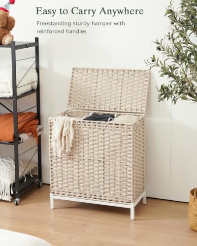 SETVSON Laundry Hamper with Lid,Clothes Hamper with Lid,132 L, Light Khaki | 35 Gallons, Handwoven Rattan Laundry Hamper, Metal Heightened Feet, 3 Removable Liner Bags for Laundry - color: Light Khaki, size: 132 L - 35 gal