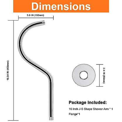 S Shaped Shower Arm, High Rise Shower Head Extension Pipe Standard 1/2" Connection with Flange, Awesome Shower Experience-Stainless Steel Bathroom Accessory(16 Inch J-S Shape, Chrome Finish) - color: Chrome Finish, style: 16" J Shape