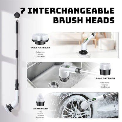 Electric Spin Scrubber, 2-Speed Cleaning Brush, Extendable Handle (White) | Includes 7 reusable brush heads and an IPX7-rated design for cleaning bathrooms, showers, kitchens, tile, floors, and grout - color: White