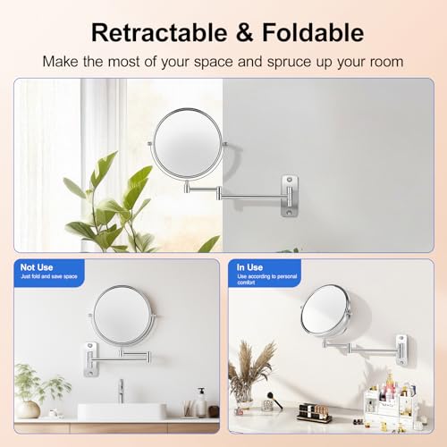 8'' Makeup Mirror Wall Mounted, Wall Mounted Makeup Mirror with 1X/10X Magnifying Mirror 360° Swivel Extendable Adjustable Arm Extendable Mirrors for Bathroom, Chrome (No Light)
