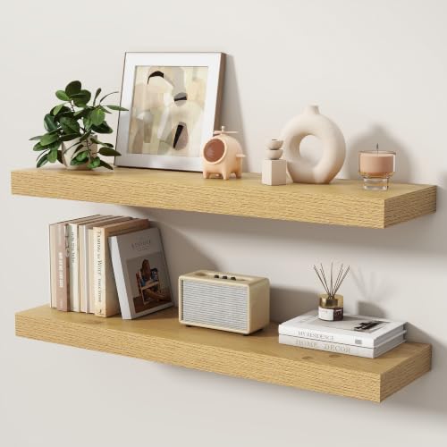 Floating Shelves for Wall, 36 Inch x 8 Inch Deep Wall Mounted Wood Shelf with Invisible Brackets for Storage & Display, Living Room Bedroom Kitchen, Oak, Set of 2 - color: Oak, size: 36 Inch, Set of 2