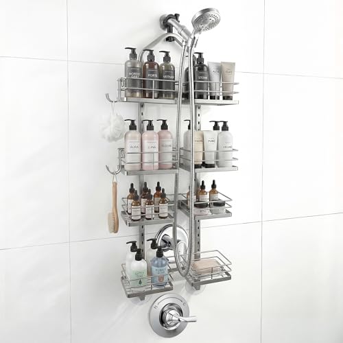 4-Tier Hanging Shower Caddy for Handheld Showerhead, Heavy-Duty Stainless Steel with Dual-Rotating Clamp, Silver - color: 4 Tier-Silver