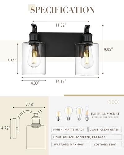 2-Light Black Bathroom Light Fixture Over Mirror, Modern Vanity Light, Clear Glass Wall Sconce, VL01BK-2 - color: Black & Clear Glass, size: 2 LIGHT