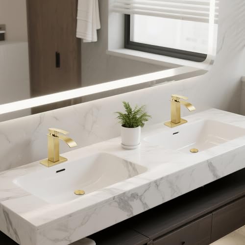 Bathroom Faucets Brushed Gold Waterfall Bathroom Sink Faucet 2 Pack | with Pop-up Drain & Deck,Supply Hoses,Single Handle Vanity Faucet,Stainless Steel,1 or 3 Hole,RV,Farmhouse Bathrooms - color: A-Brushed Gold x 2, style: Short