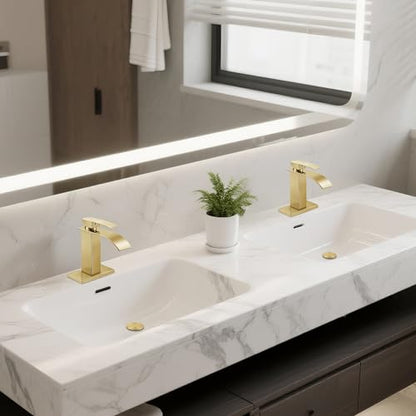 Bathroom Faucets Brushed Gold Waterfall Bathroom Sink Faucet 2 Pack | with Pop-up Drain & Deck,Supply Hoses,Single Handle Vanity Faucet,Stainless Steel,1 or 3 Hole,RV,Farmhouse Bathrooms - color: A-Brushed Gold x 2, style: Short