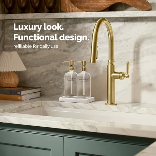 Vine Creations Glass Soap Dispenser Set, Kitchen Soap Dispenser Set with Ceramic Tray, 16 oz Dish Soap and Hand Soap Dispensers with Stainless Steel Pump Decor (Clear Bottle/Brushed Brass) - color: Clear Bottle / Brushed Brass Pump