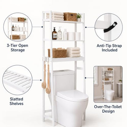 BAMBANG Over The Toilet Storage Rack, 3-Tier Over The Toilet Storage Shelf with 3 Hooks, Freestanding Above Toilet Bathroom Organizer Shelves for Space Saver Storage, Bamboo White