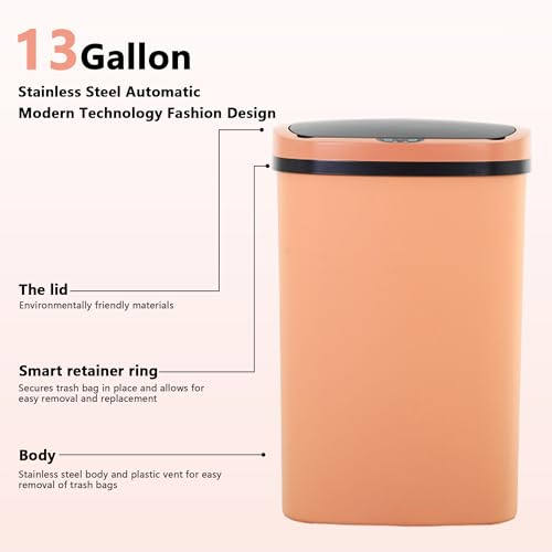 Automatic 13 Gallon Trash Can,Soft Close Large Garbage Can with Lid,Indoor Smart Trashcans for Kitchen,Waterproof Trashcans for Kitchen,Touch-Free Trash Can,Peach Pink - color: Pink, style: 1 piece