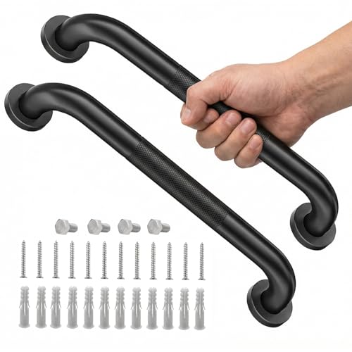 2 Pack Shower Grab Bars for Bathroom 16 Inch Black Stainless Steel Anti-Slip Knurled Grip Home Care Bath Handrail Safety Hand Rail Support for Showers Seniors Elderly Assist Handicap Bath Handle - style: Knurled 2 Pack 16 Inch