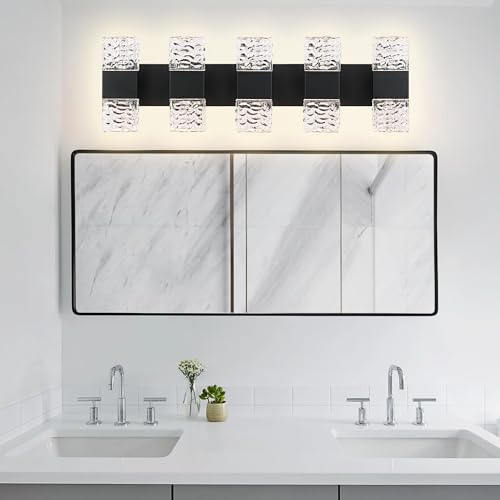 MELUCEE 30.3 in LED Bathroom Lighting Fixtures Over Mirror 40W | LED Vanity Light Black Modern Bathroom Light Bar Crystal Wall Light Fixtures, 3000K Warm Lighting, Built-in Led Chips - color: Black, size: 5 Lights